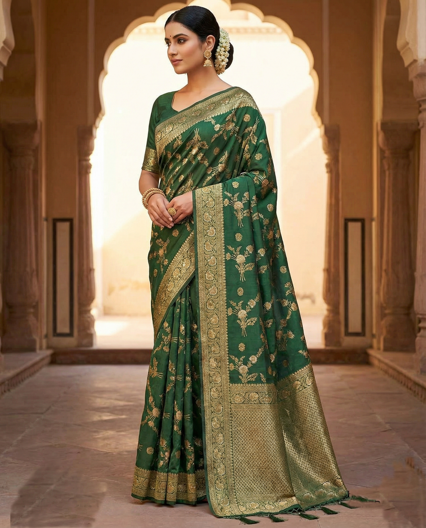 Sari for wedding latest fashion Crape silk bright green, bridal collection