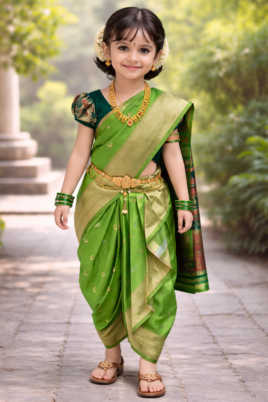 Girls nauvaari saree paithani border chandrakor woven Soft silk (Pista Green)