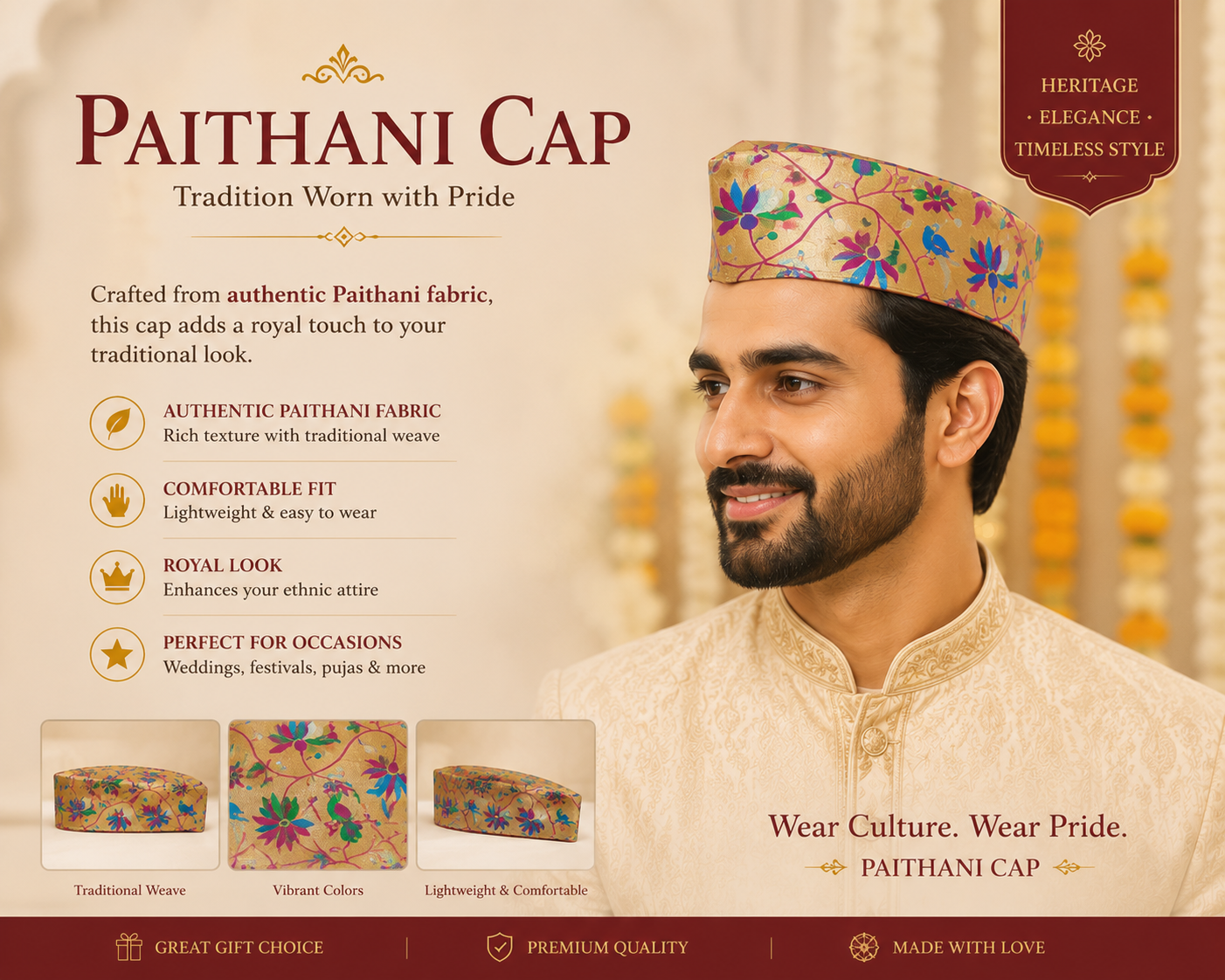 Paithani tourban/topi/cap for grooms golden Paithani Jaali-vel design Single