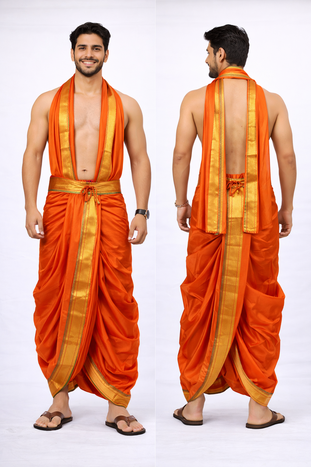 Dhoti for Men ready to wear Free size Orange color