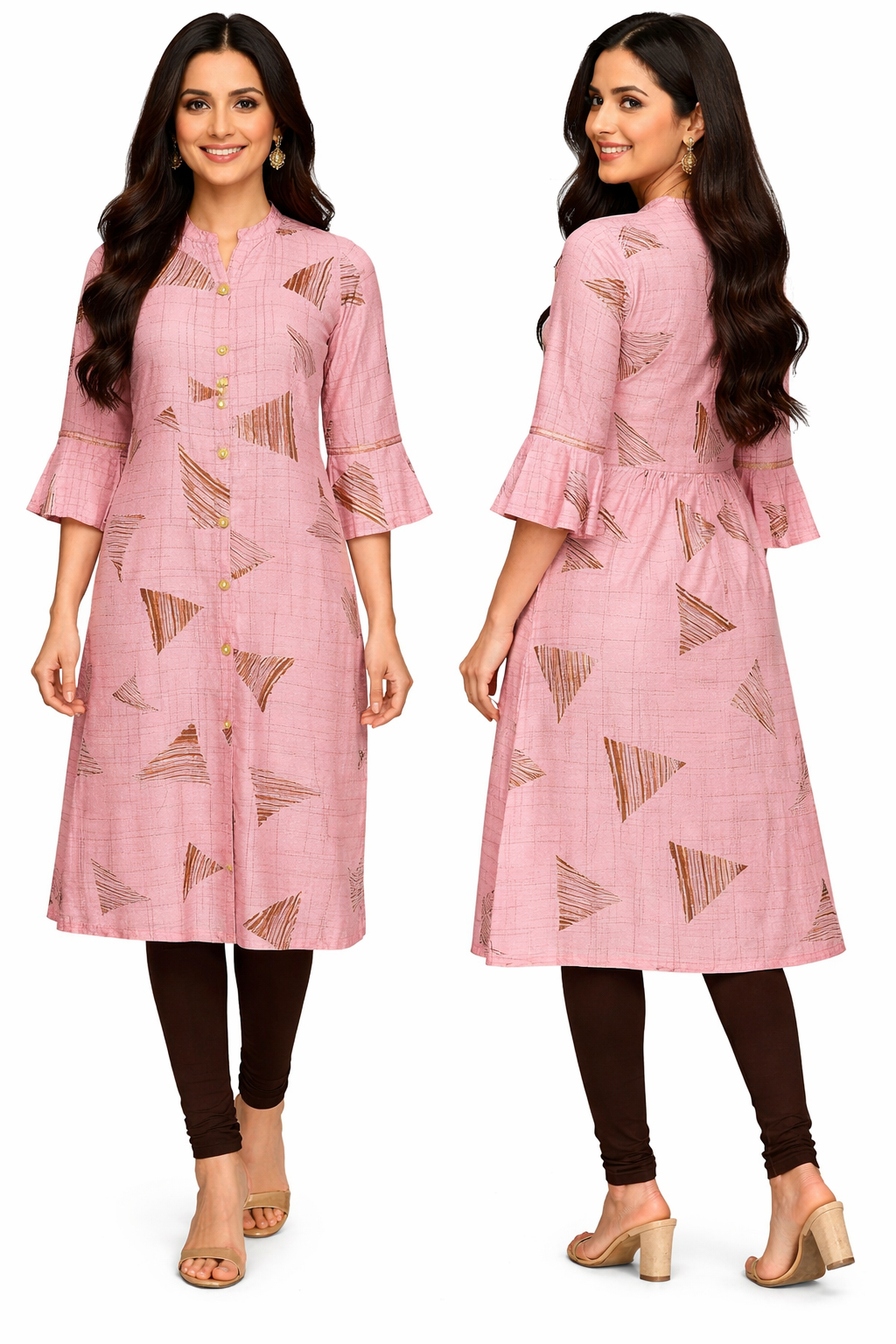 A line Slub Cotton Kurti pink colour with golden print