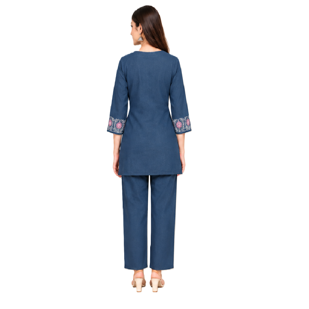 Women's Denim Co-ord Set with Embroidery, 100% Cotton Denim Light Blue