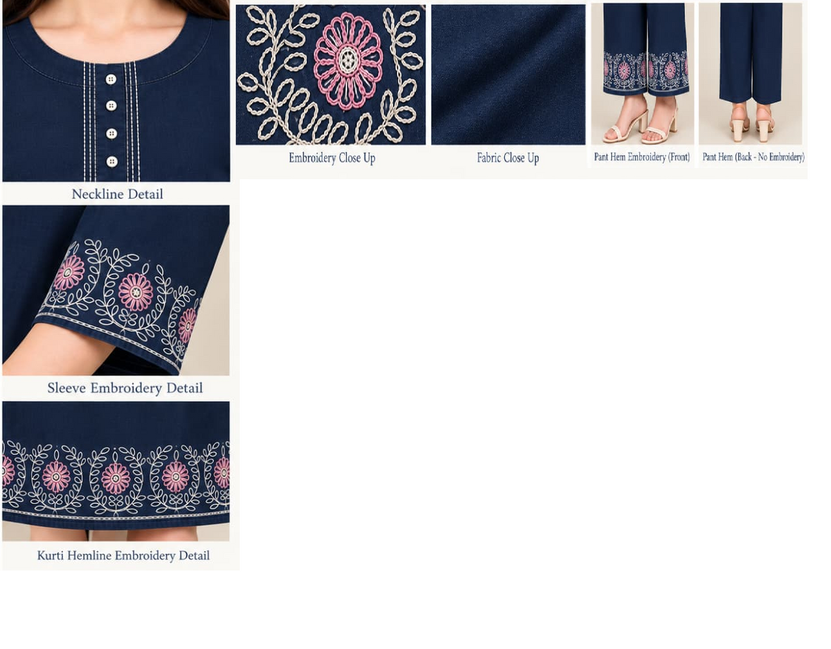 Women's Denim Co-ord Set with Embroidery, 100% Cotton Denim Navy Blue
