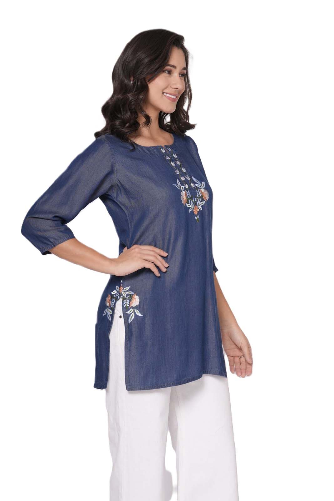 Tensil Denim Kashmiri Work Short Kurti/Top for Women Blue