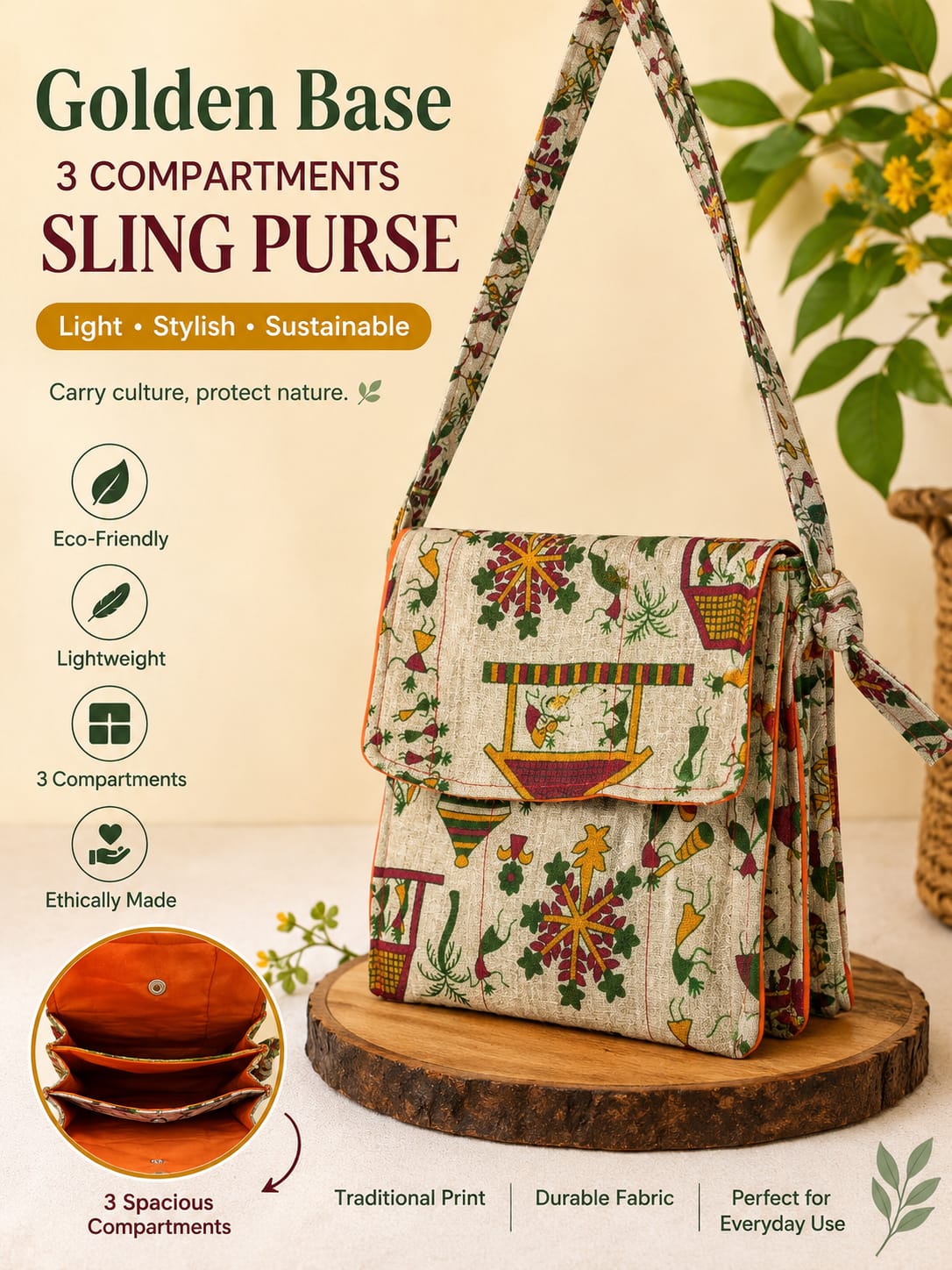 Sling purse, cotton traditional warli print