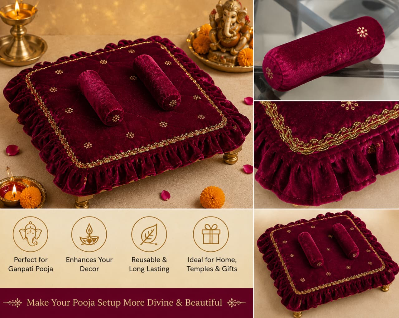 Puja Aasan, premium quality for Ganpati Festival (15 * 15 INCH)