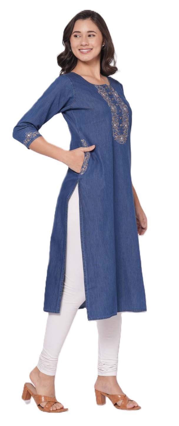 Denim Floral Embroidery Kurti