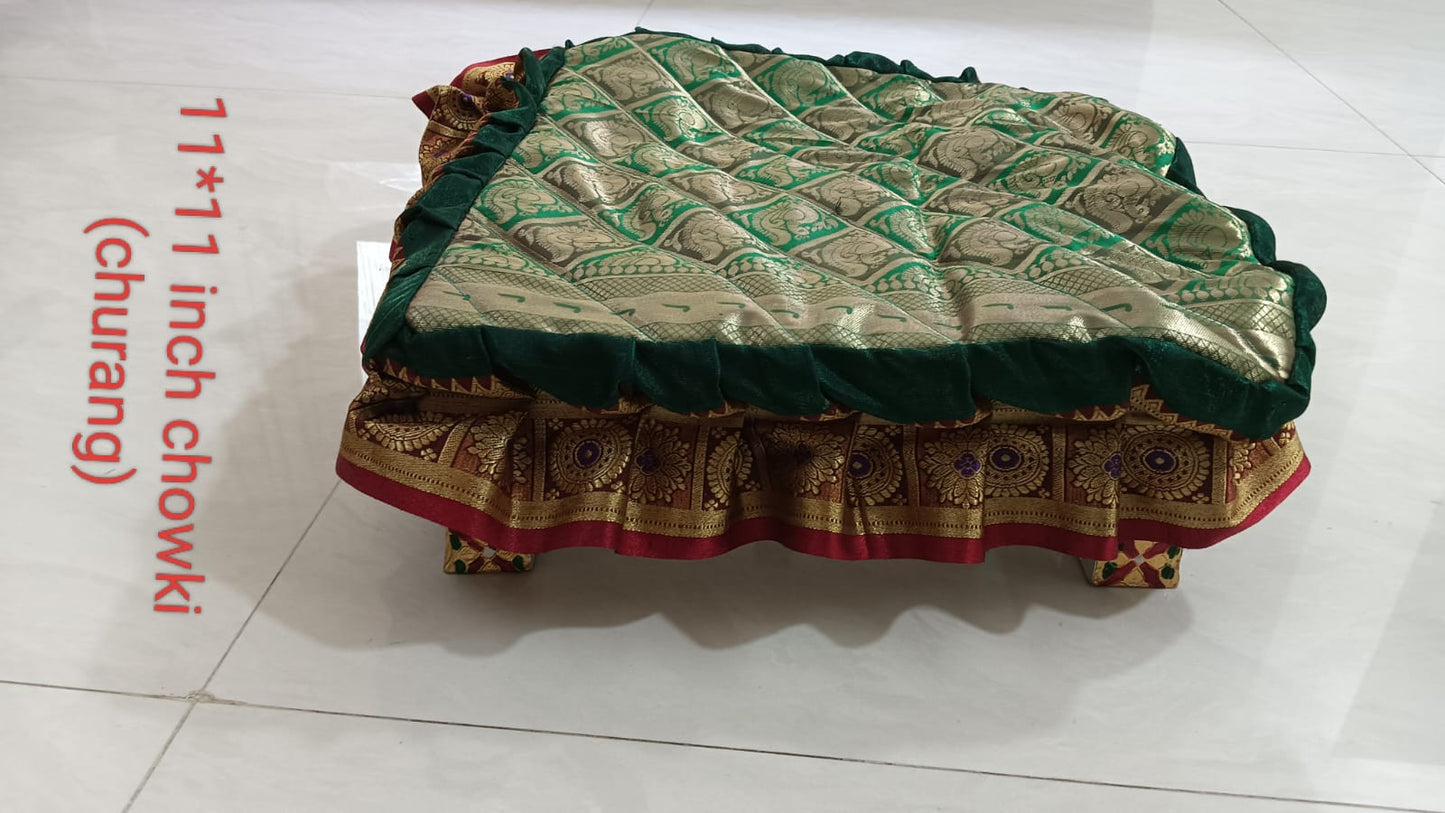 Paithani Chaurang Aasan for Pooja and Rituals | 12 Inch Length Square | Beautiful Traditional Silk Cloth with Golden Zari & Frills