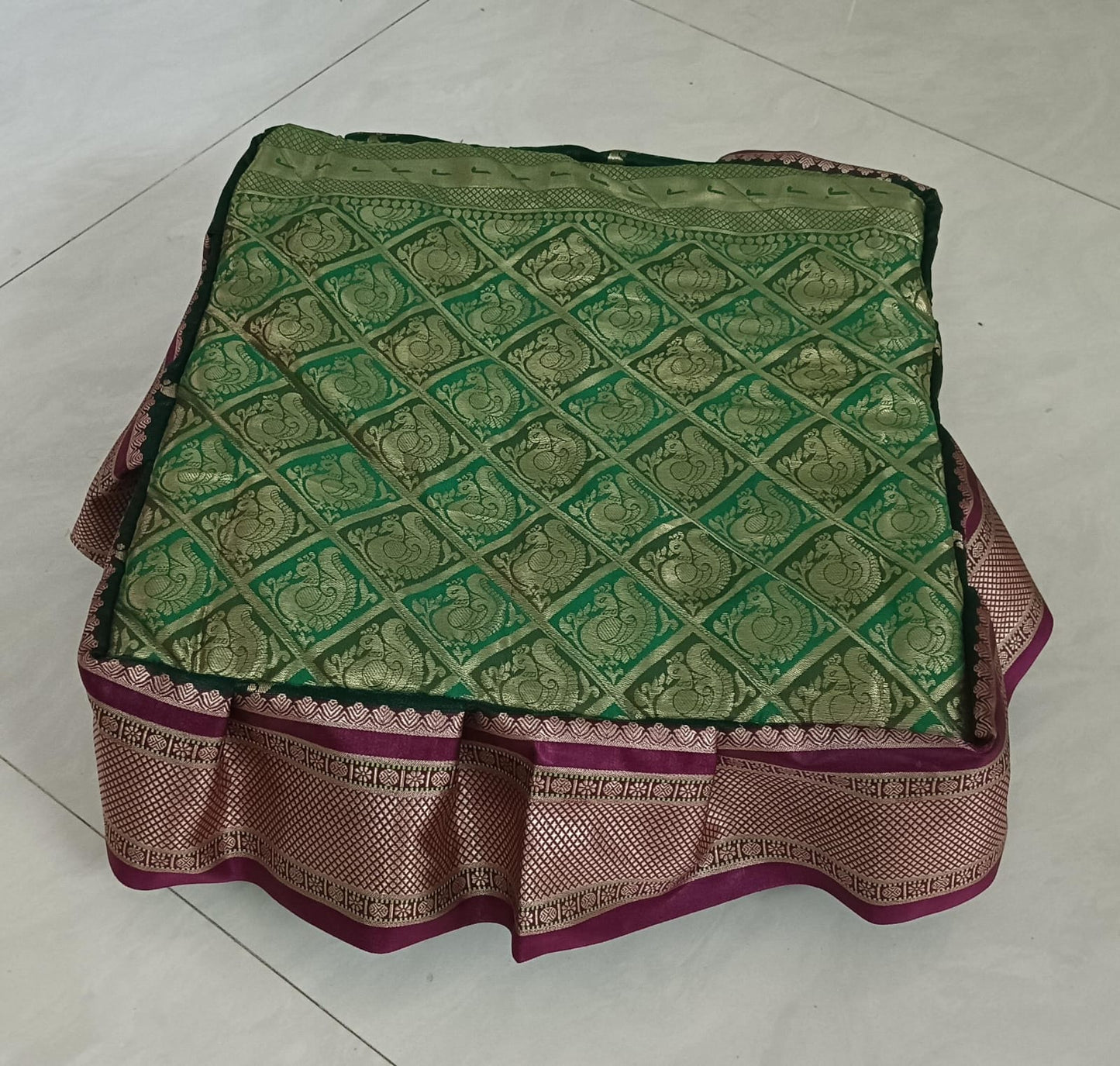 Paithani Chaurang Aasan for Pooja and Rituals | 15 Inch Length Square | Beautiful Traditional Silk Cloth with Golden Zari & Plum colour Frills