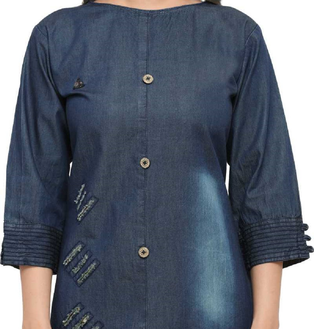 Women's Denim Boat Neck Kurti Style Side Torn (Blue; Size M)