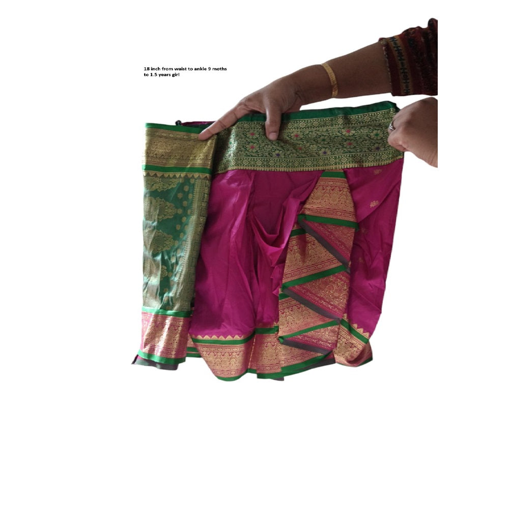 A stitched nauvaari saree for girls, festivals and wedding collection. Majenta pink and green