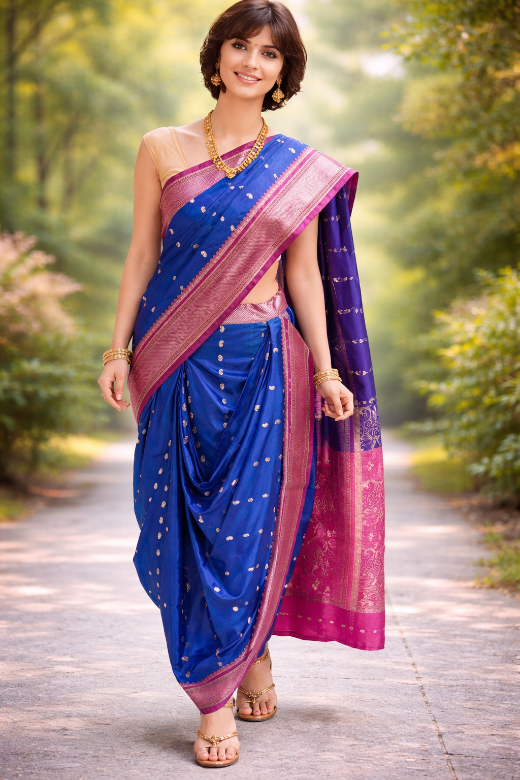 nauvaari sarees for women Gauri Ganpati Special - Maau Silk Blue dhup chav