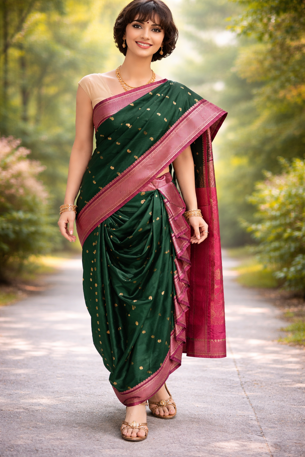 Nauvari sarees for women wedding Special - Maau Silk Bottle Green