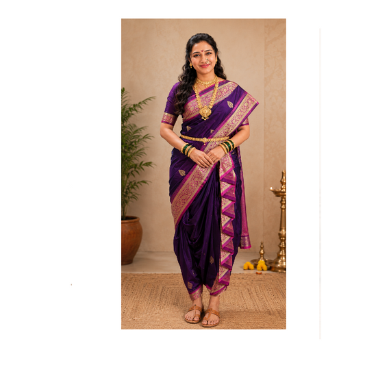 Banarasi silk Nauvaari saree for bride, ready to wear Shahi Peshvai