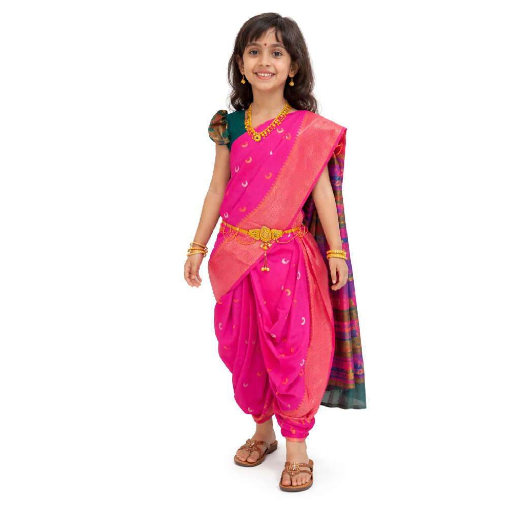 Nauvaari sari for girls birght pink 2 sizes available