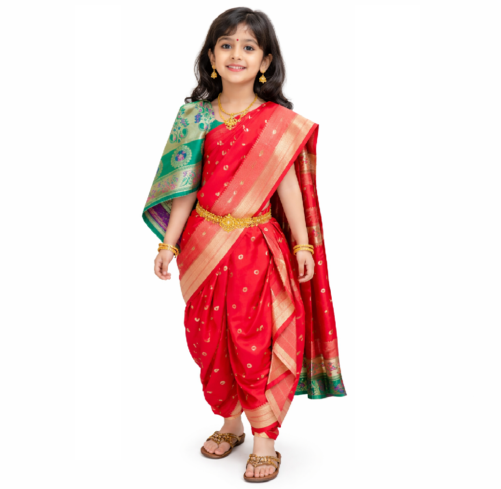 Girls nauvaari saree paithani border chandrakor woven Soft silk Red 30 Inch