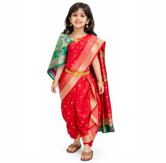 Girls nauvaari saree paithani border chandrakor woven Soft silk Red 30 Inch