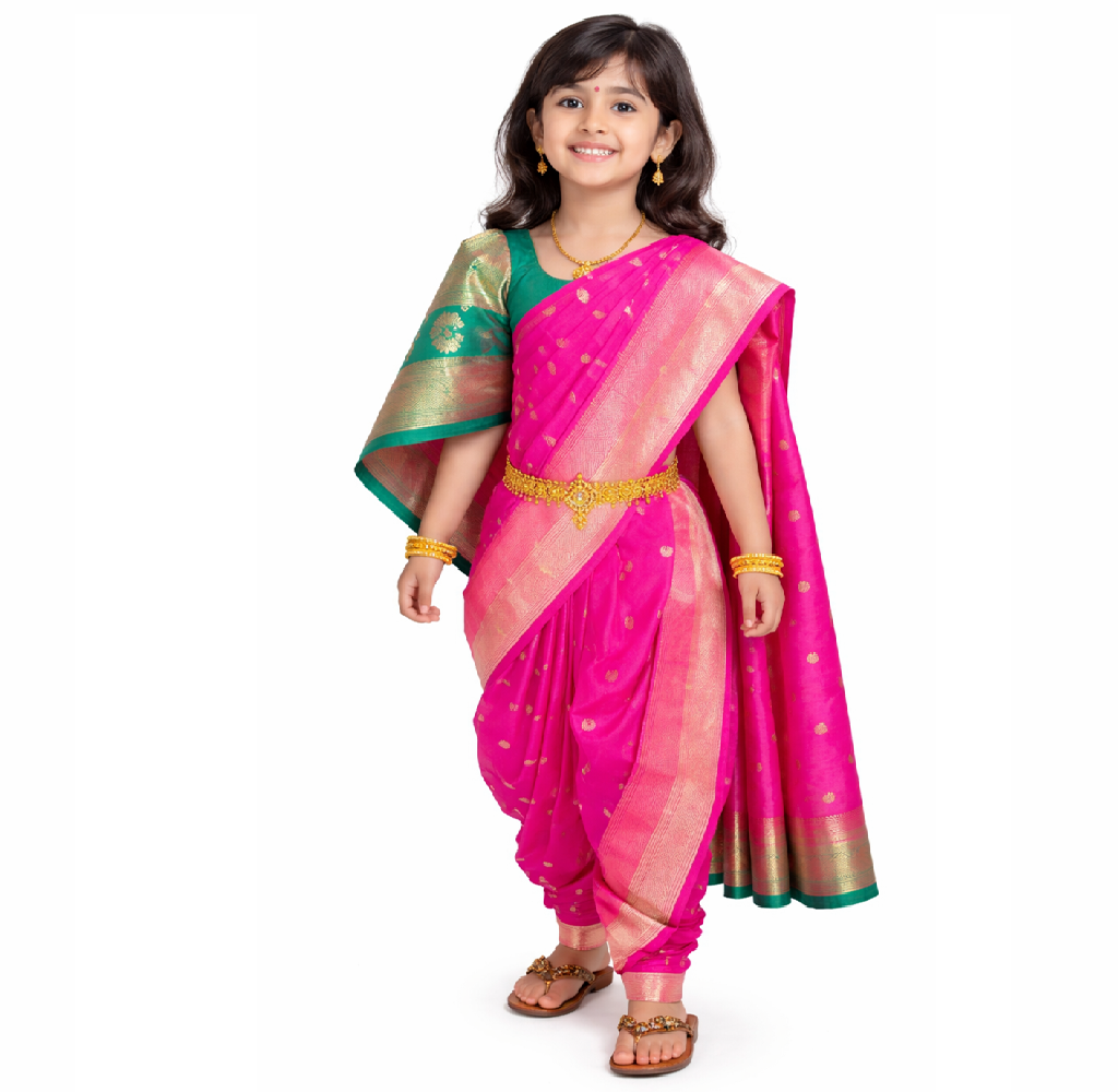 Girls nauvaari saree for weddings 2 sizes available Rani Pink colour