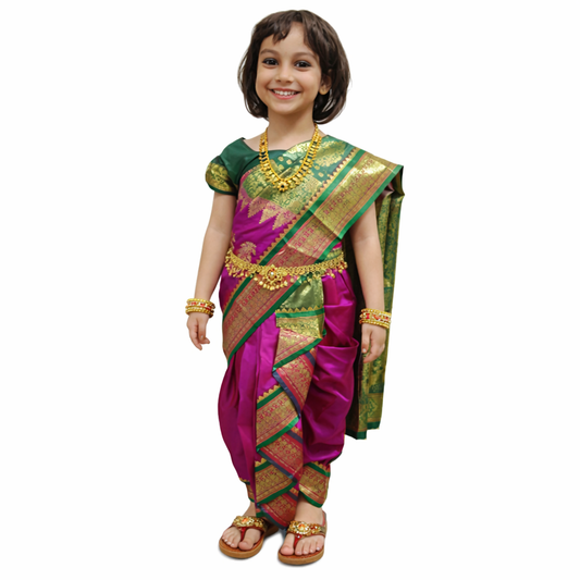 A stitched nauvaari saree for girls, festivals and wedding collection. Majenta pink and green