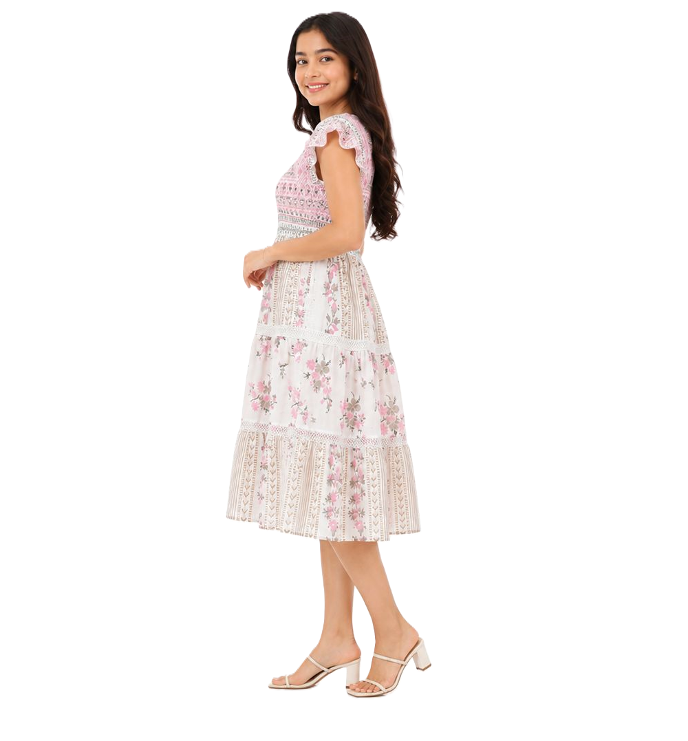 Cotton Floral midi dress for women Size L