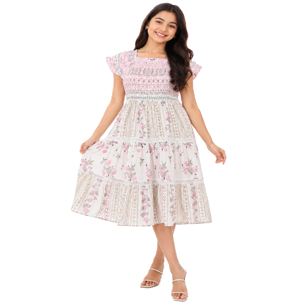 Cotton Floral midi dress for women Size L