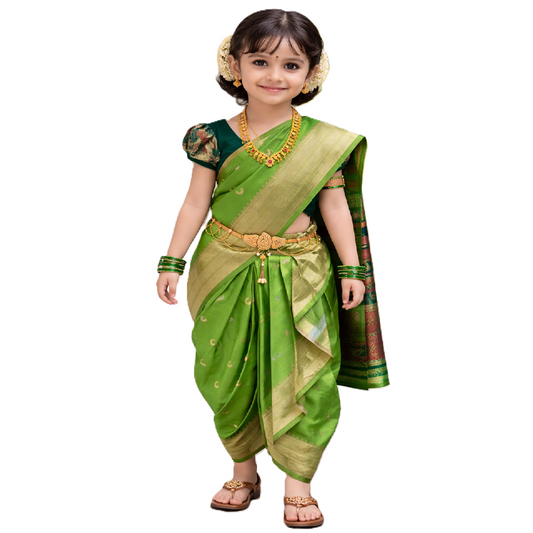 Girls nauvaari saree paithani border chandrakor woven Soft silk (Pista Green)