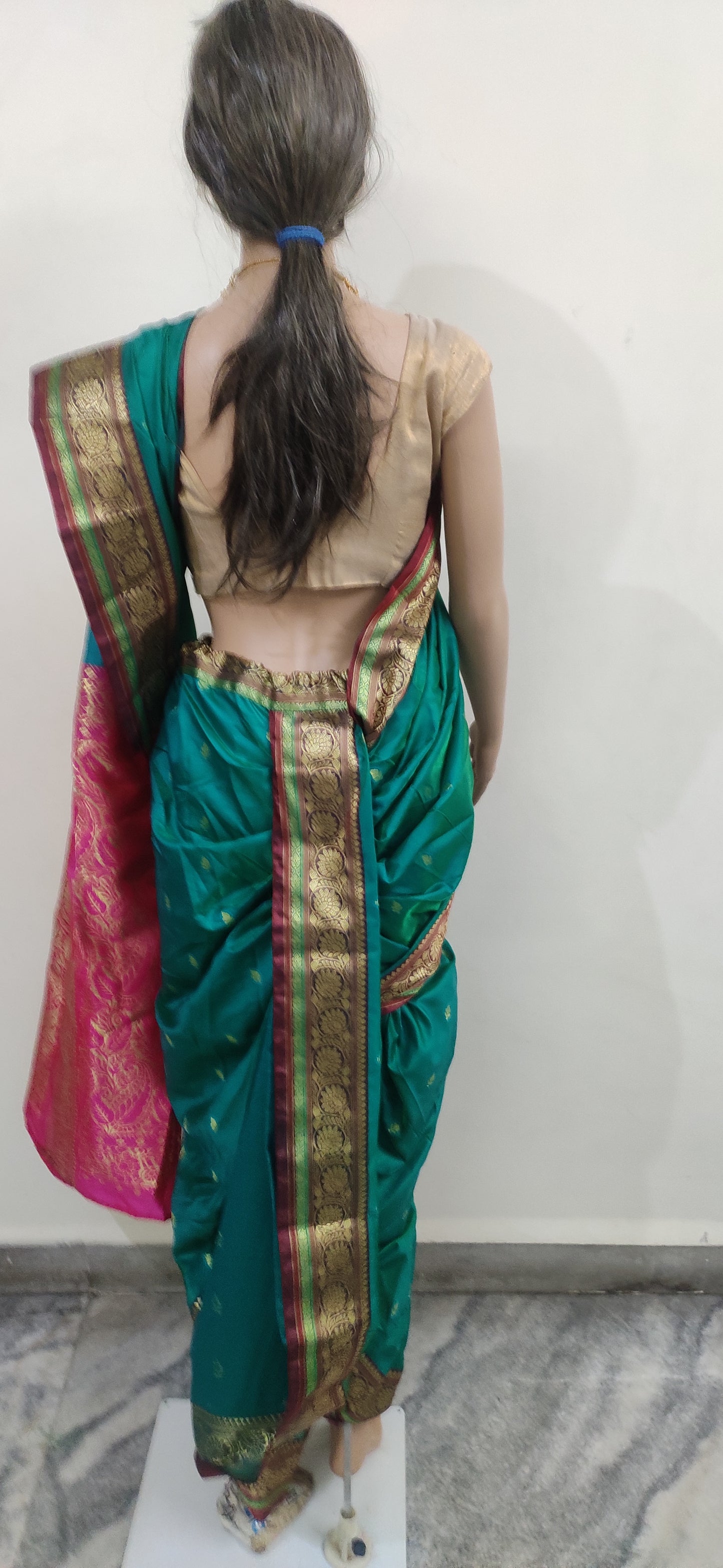 GIA Nauvaari saree for bride, ready to wear Rama green with rani pink pallu, Banarasi silk Shahi Mastani