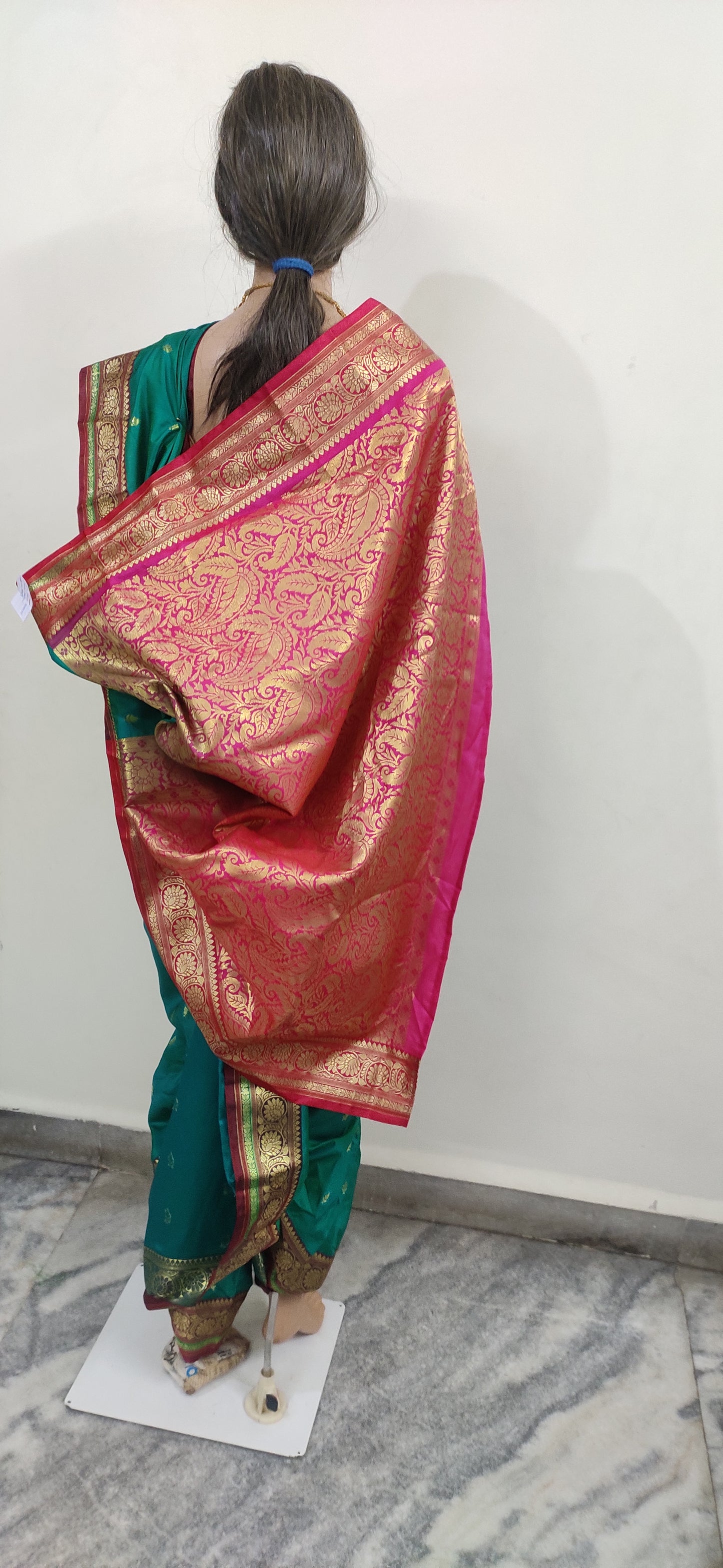 GIA Nauvaari saree for bride, ready to wear Rama green with rani pink pallu, Banarasi silk Shahi Mastani