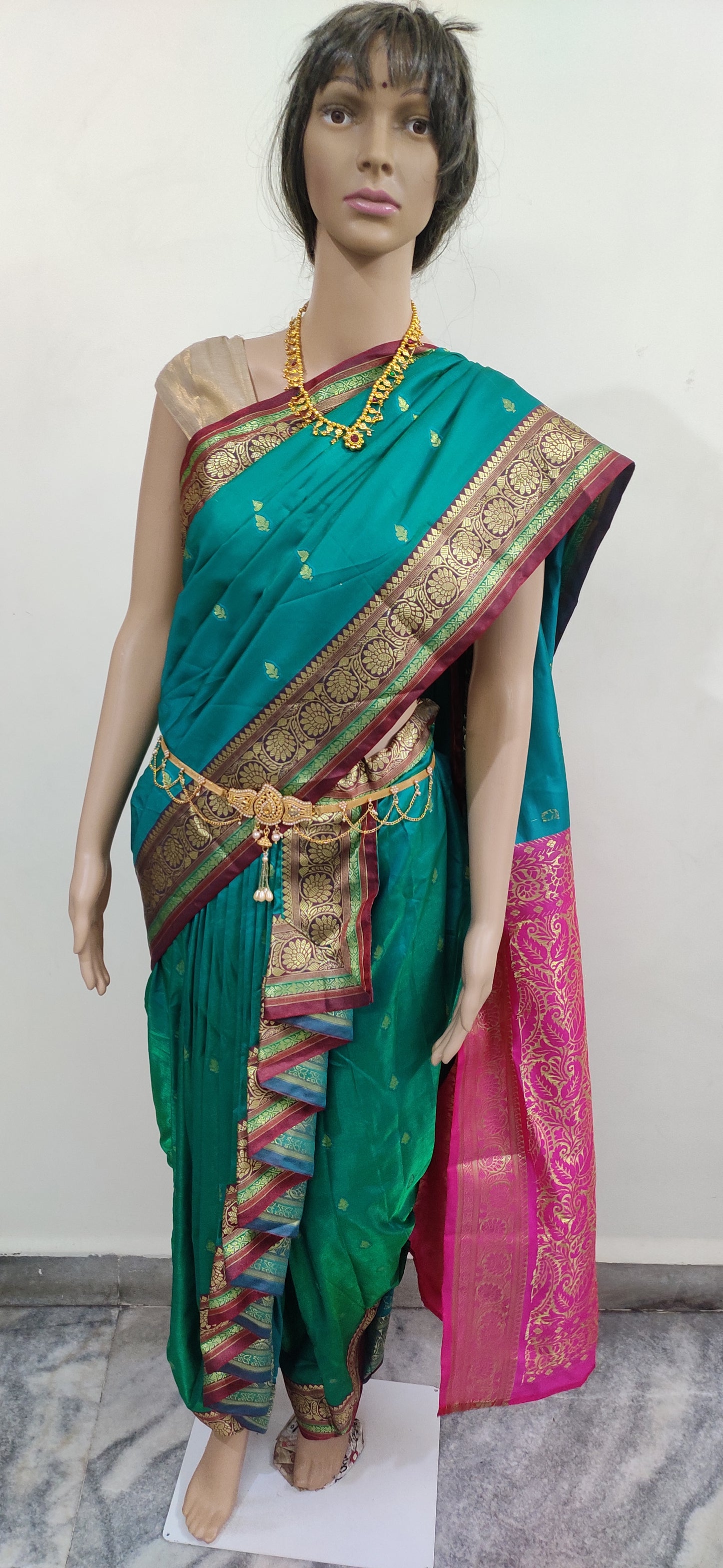 GIA Nauvaari saree for bride, ready to wear Rama green with rani pink pallu, Banarasi silk Shahi Mastani