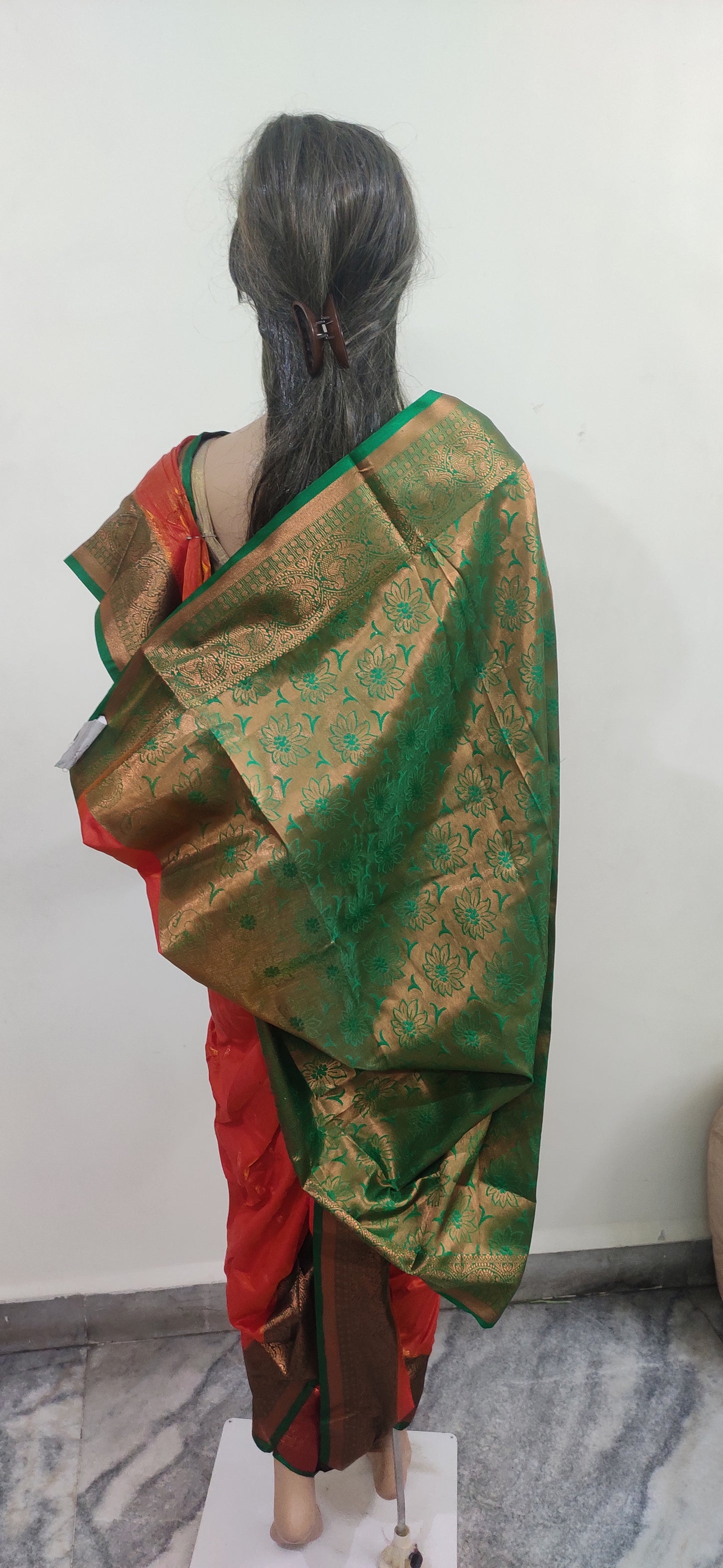 gia Nauvaari saree for bride, ready to wear Orange Green Copper border latest fashion, Banarasi silk