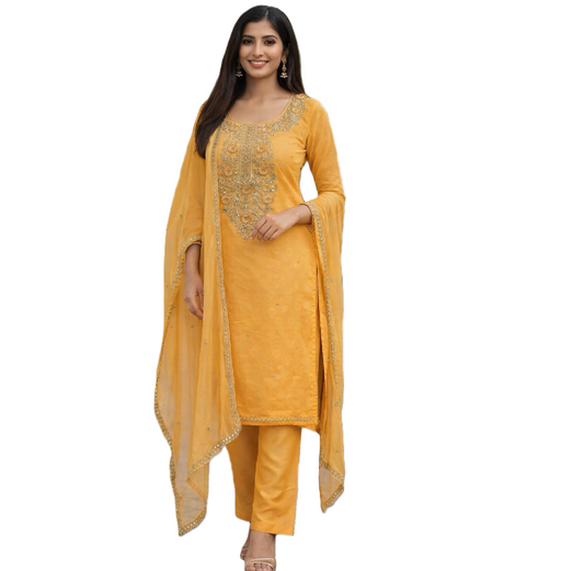 Chanderi Cotton Mango Yellow dress material