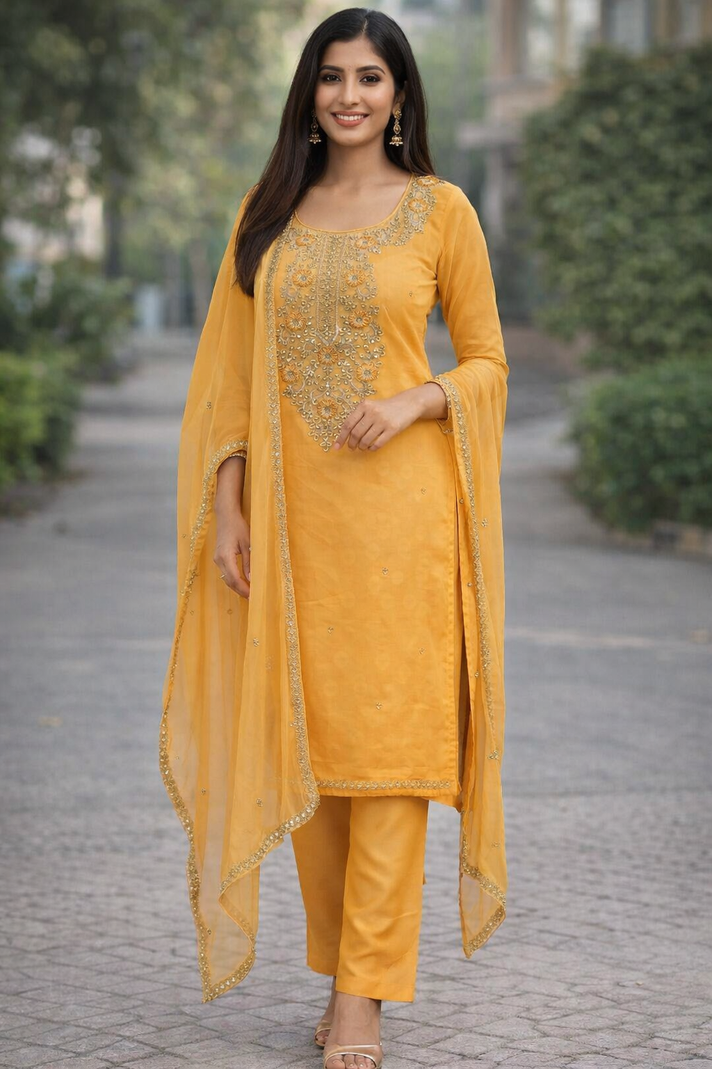 Chanderi Cotton Mango Yellow dress material