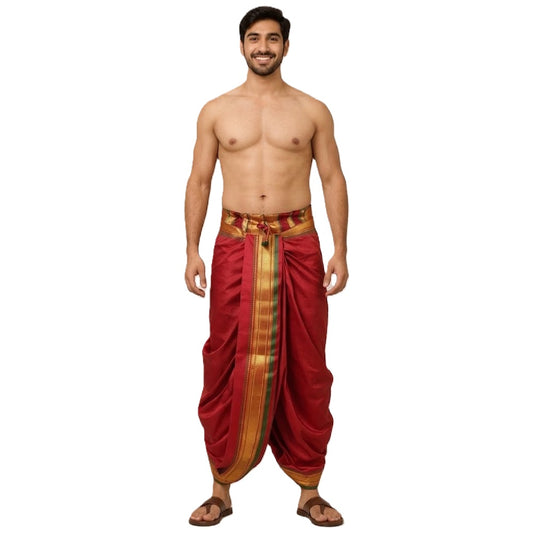 Only dhoti no pancha Maroon color, free size Catelon Silk