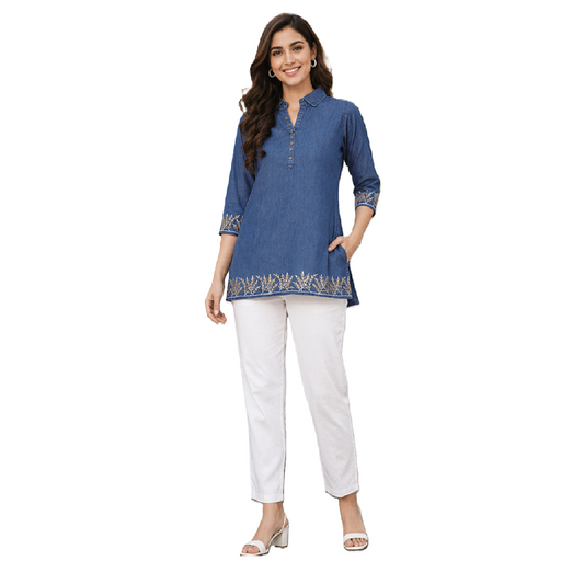 Cotton Denim top for Women Size 3XL colour blue