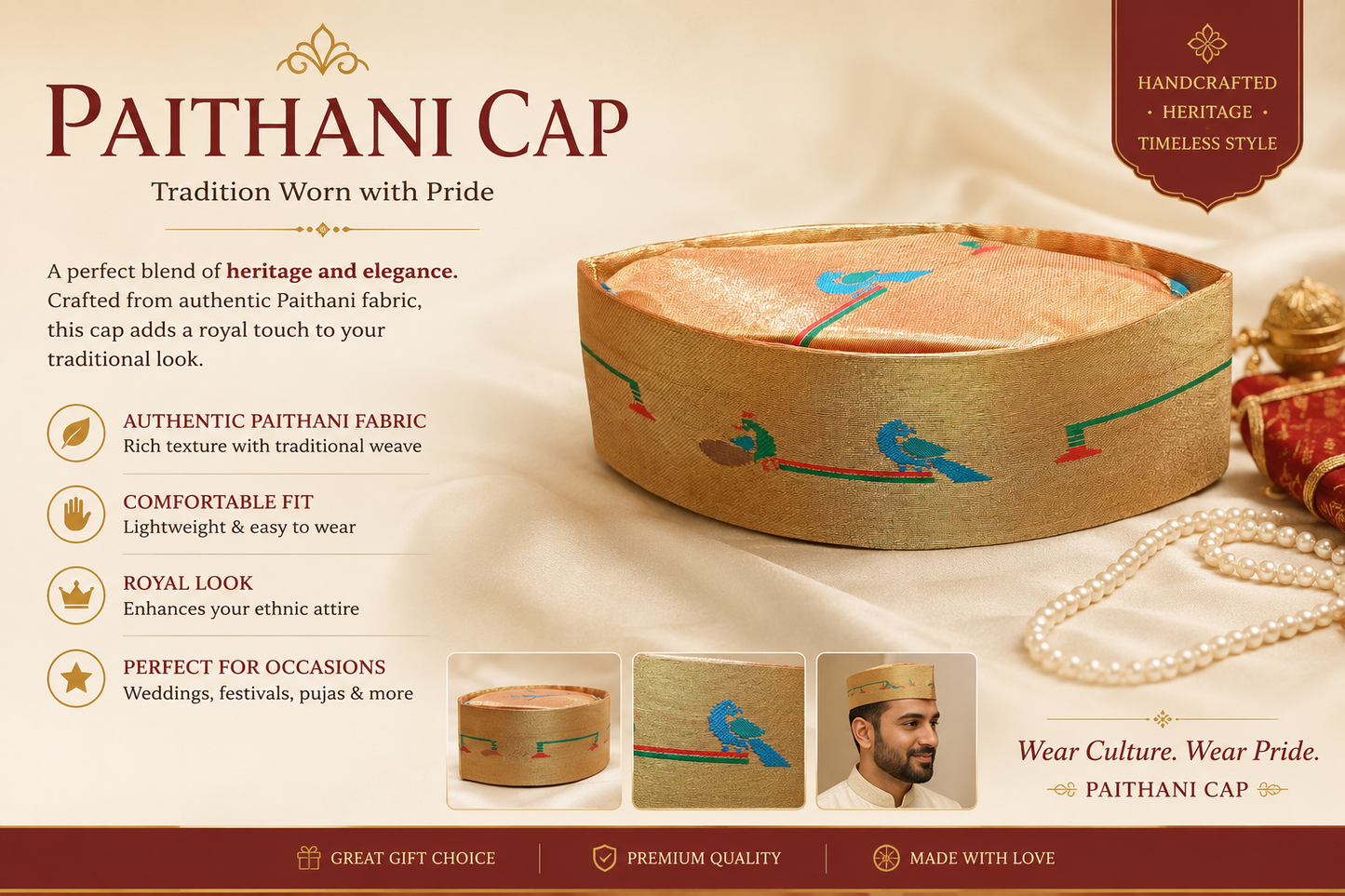 Paithani tourban/topi/cap for grooms golden red