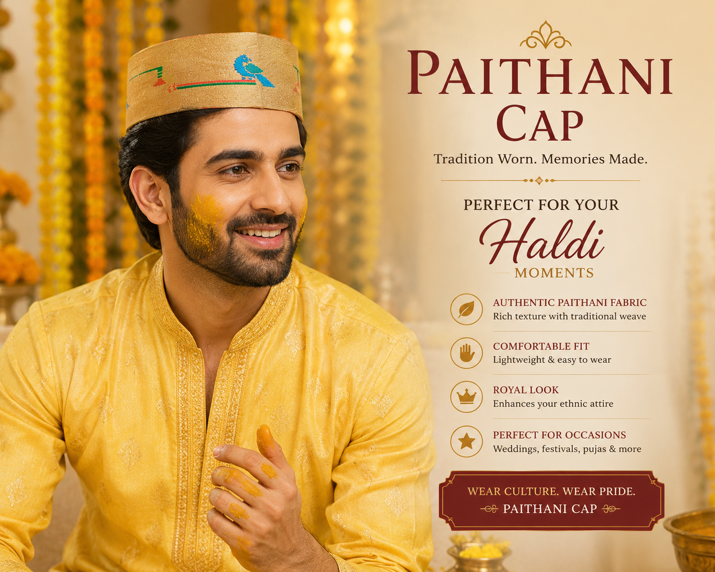Paithani tourban/topi/cap for grooms golden red