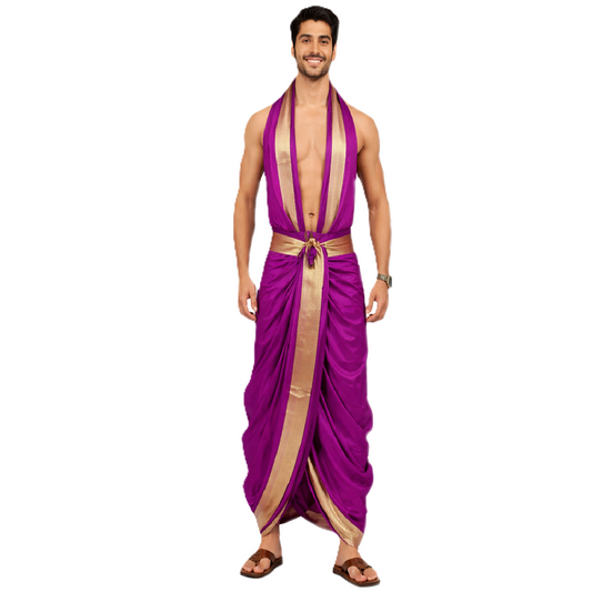 Dhoti for men ready to wear Best for Spiritual moments color Plum - Paithani color, free size Art Silk