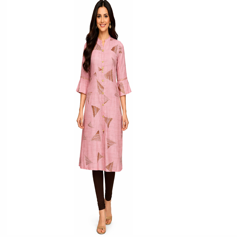 A line Slub Cotton Kurti pink colour with golden print
