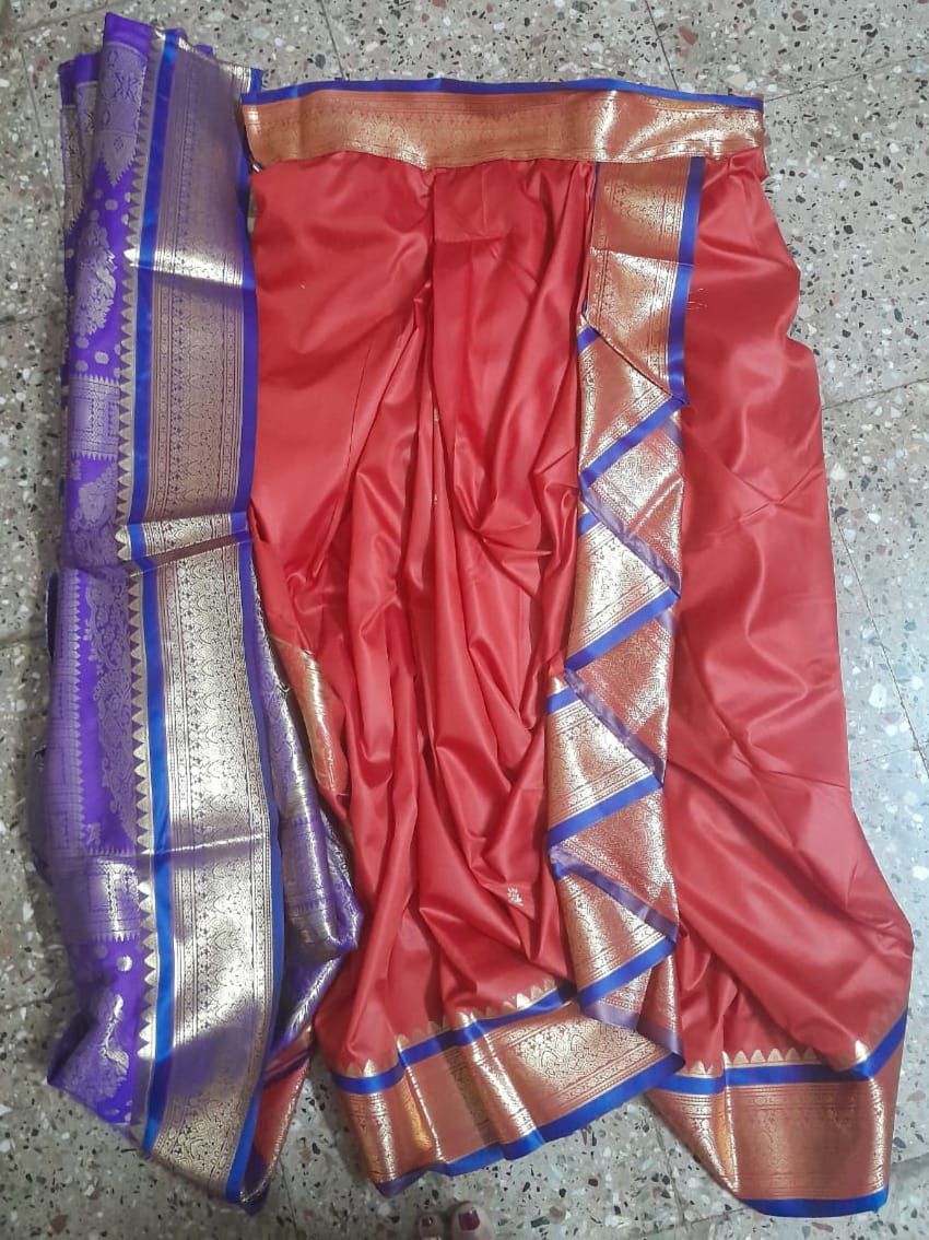 Girls nauvaari saree Art Silk wedding and festival collection Red and purple 32 inch waist to ankle