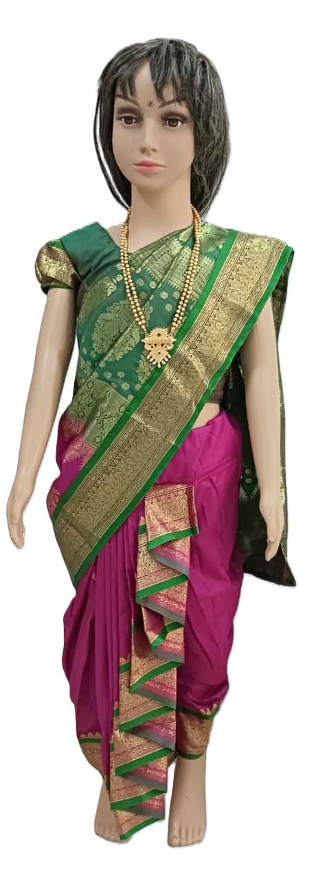 A stitched nauvaari saree for girls, festivals and wedding collection. Majenta pink and green