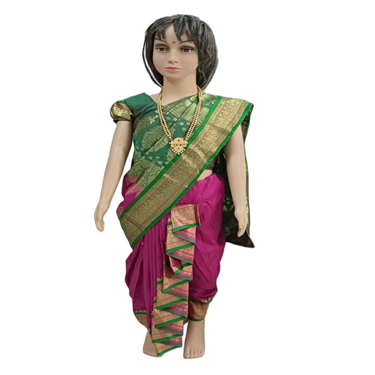 A stitched nauvaari saree for girls, festivals and wedding collection. Majenta pink and green