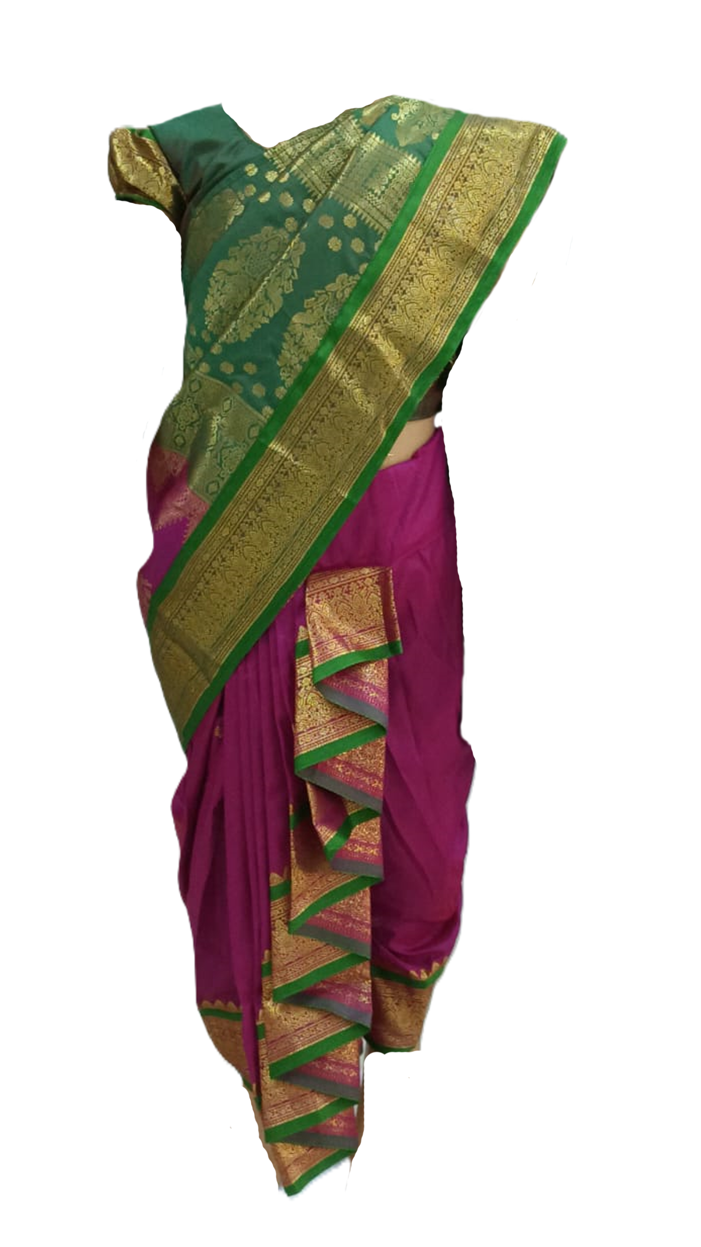 A stitched nauvaari saree for girls, festivals and wedding collection. Majenta pink and green