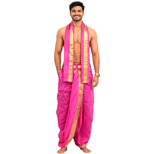 Dhoti for men ready to wear Best for holistic moments Rani Pink color, free size Catelon Silk