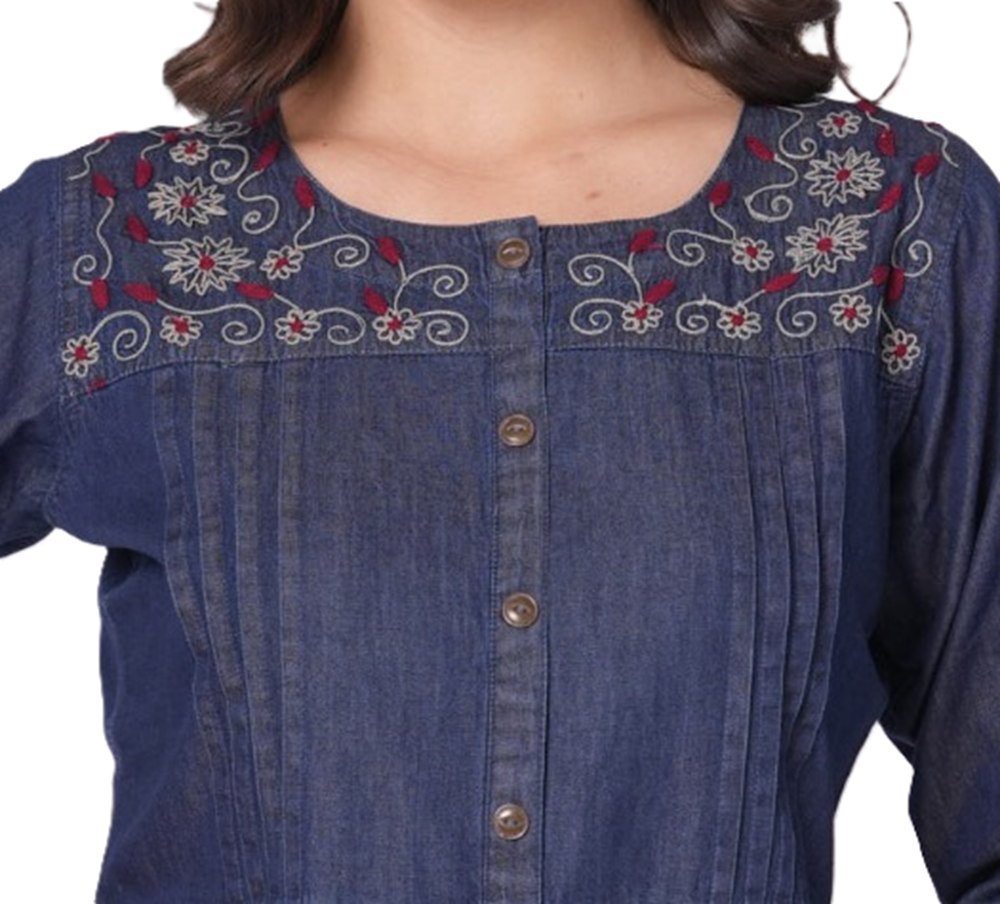 Denim Embroidery Dress for Women, All time All Season Fashion Dark Blue