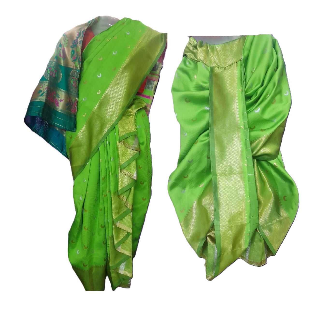 Girls nauvaari saree paithani border chandrakor woven Soft silk (Pista Green)