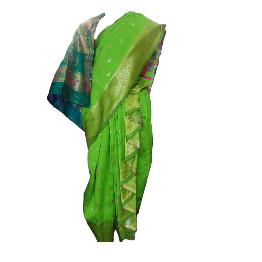 Girls nauvaari saree paithani border chandrakor woven Soft silk (Pista Green)