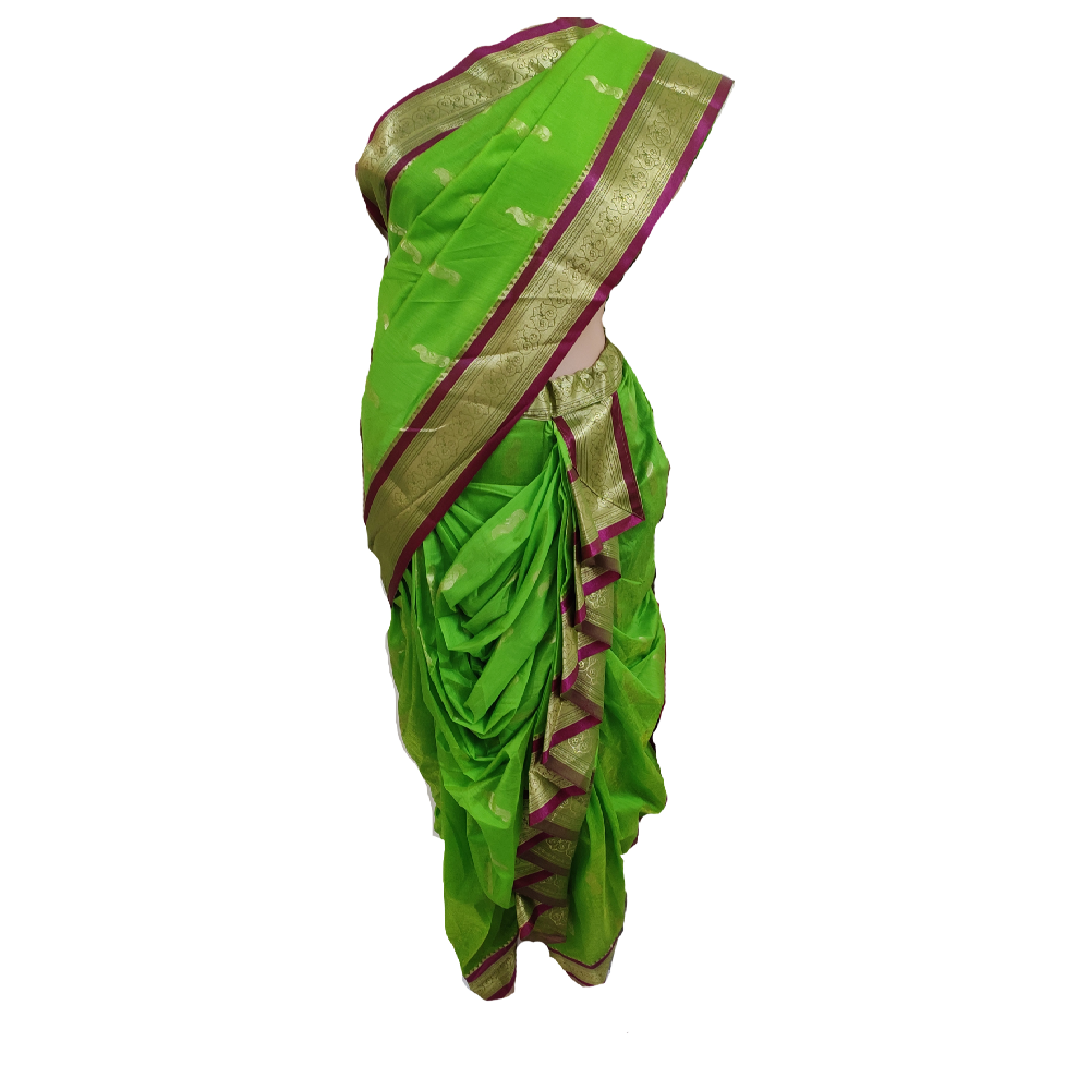 GIA Nauvaari saree Cotton silk, Pista Green with Magenta color, Shahi Peshvai (Pista Green)