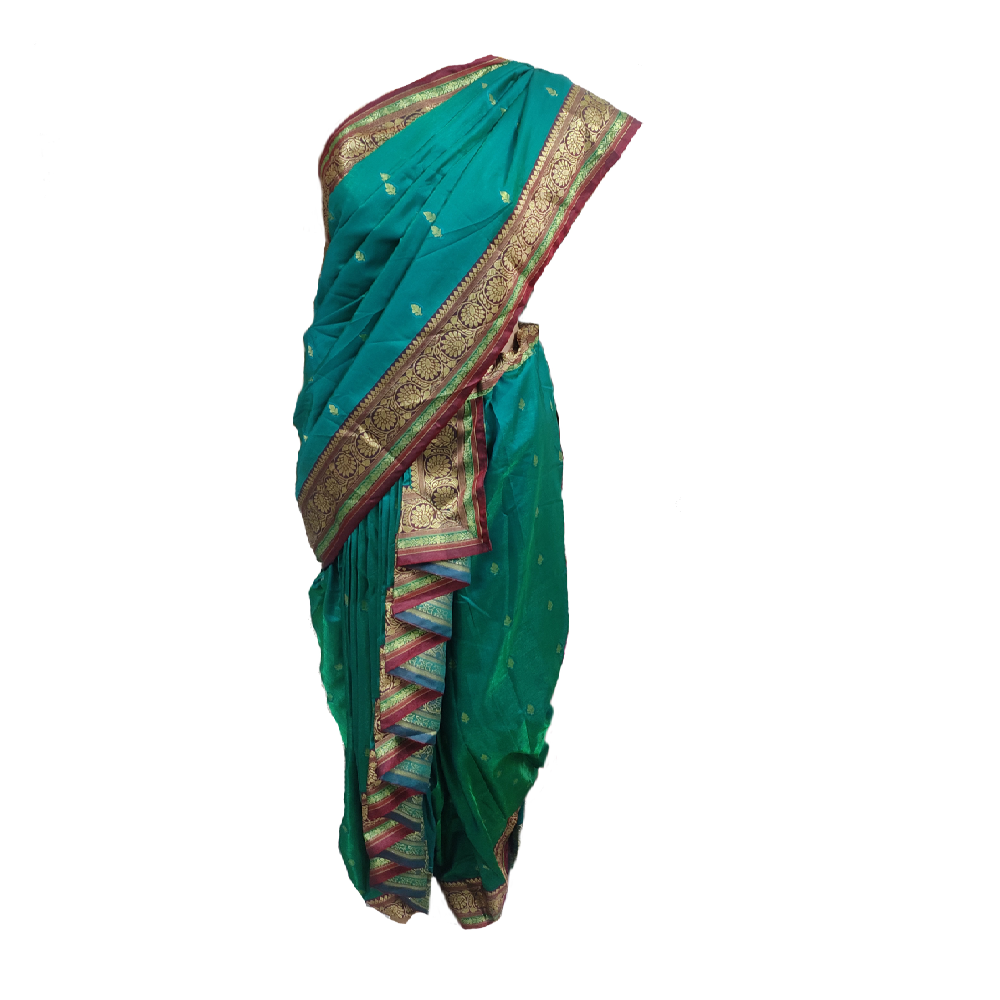 GIA Nauvaari saree for bride, ready to wear Rama green with rani pink pallu, Banarasi silk Shahi Mastani