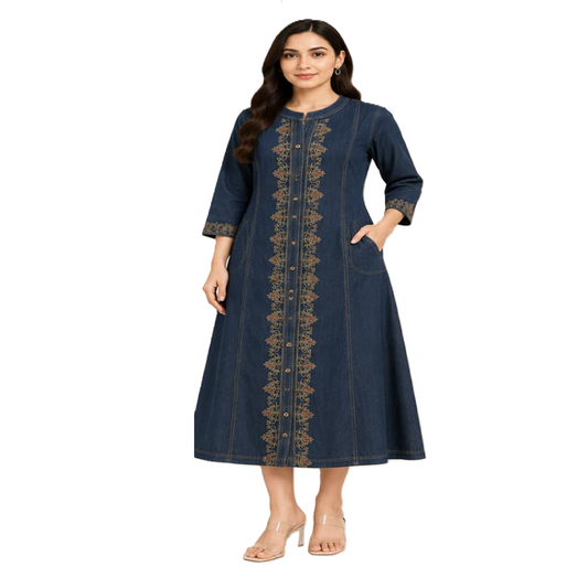 Denim Embroidery Dress for Women, Best Collection Dark Blue