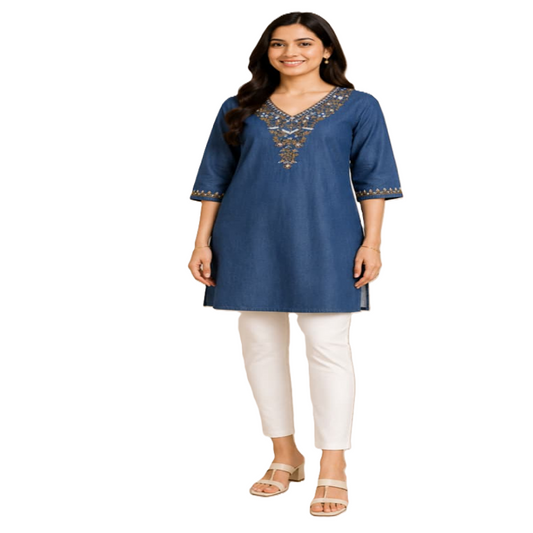 Denim Leaf Neck Short Kurti/Top for Women